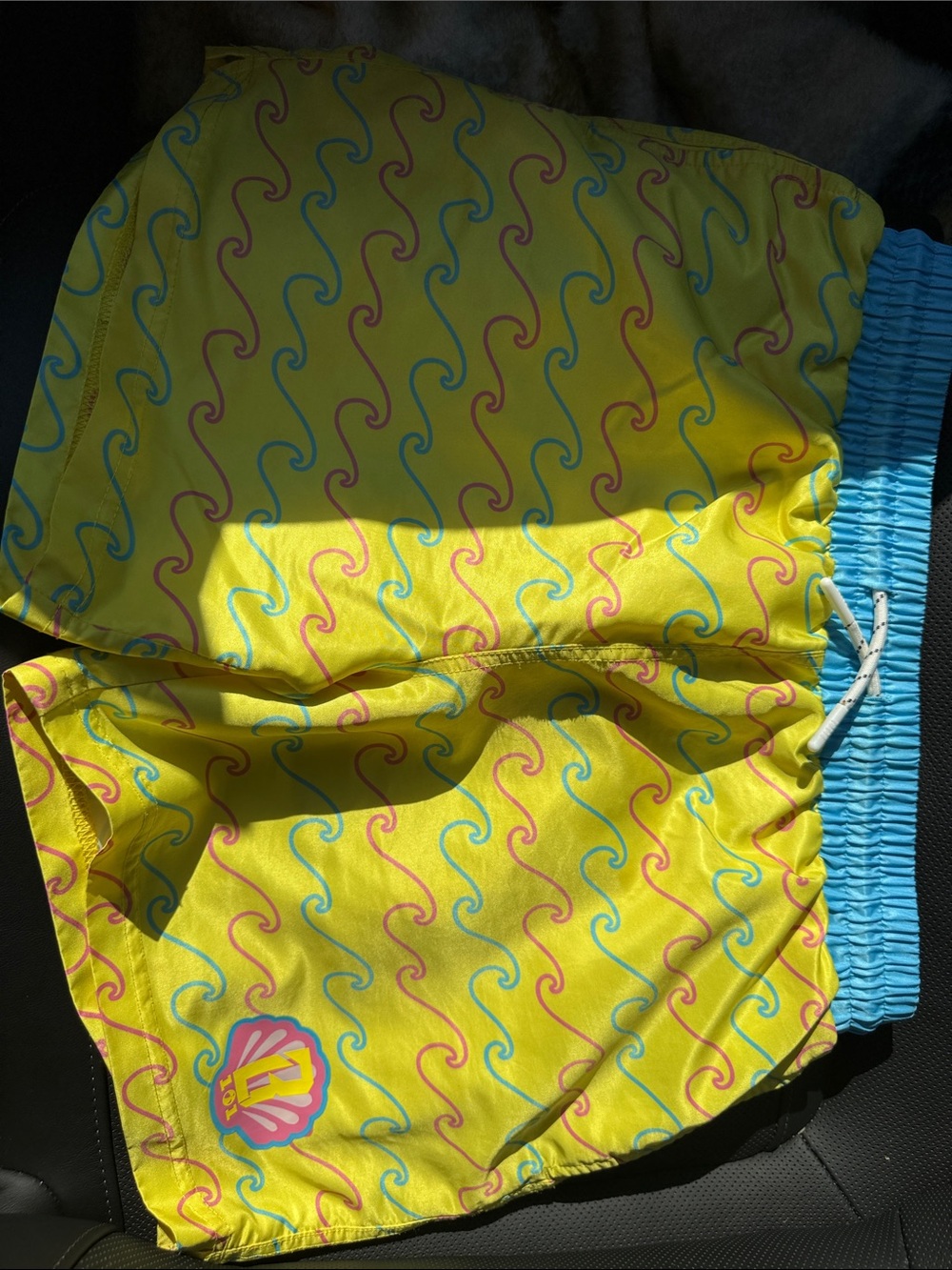 Kids Yellow Wave-Print Swim Shorts with Blue Waistband